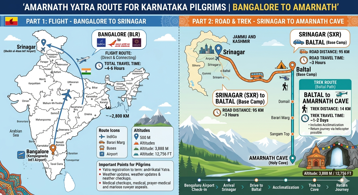 Amarnath Yatra package from Bangalore 2026 - route map showing Bangalore to Srinagar flight and onward journey to Amarnath Cave