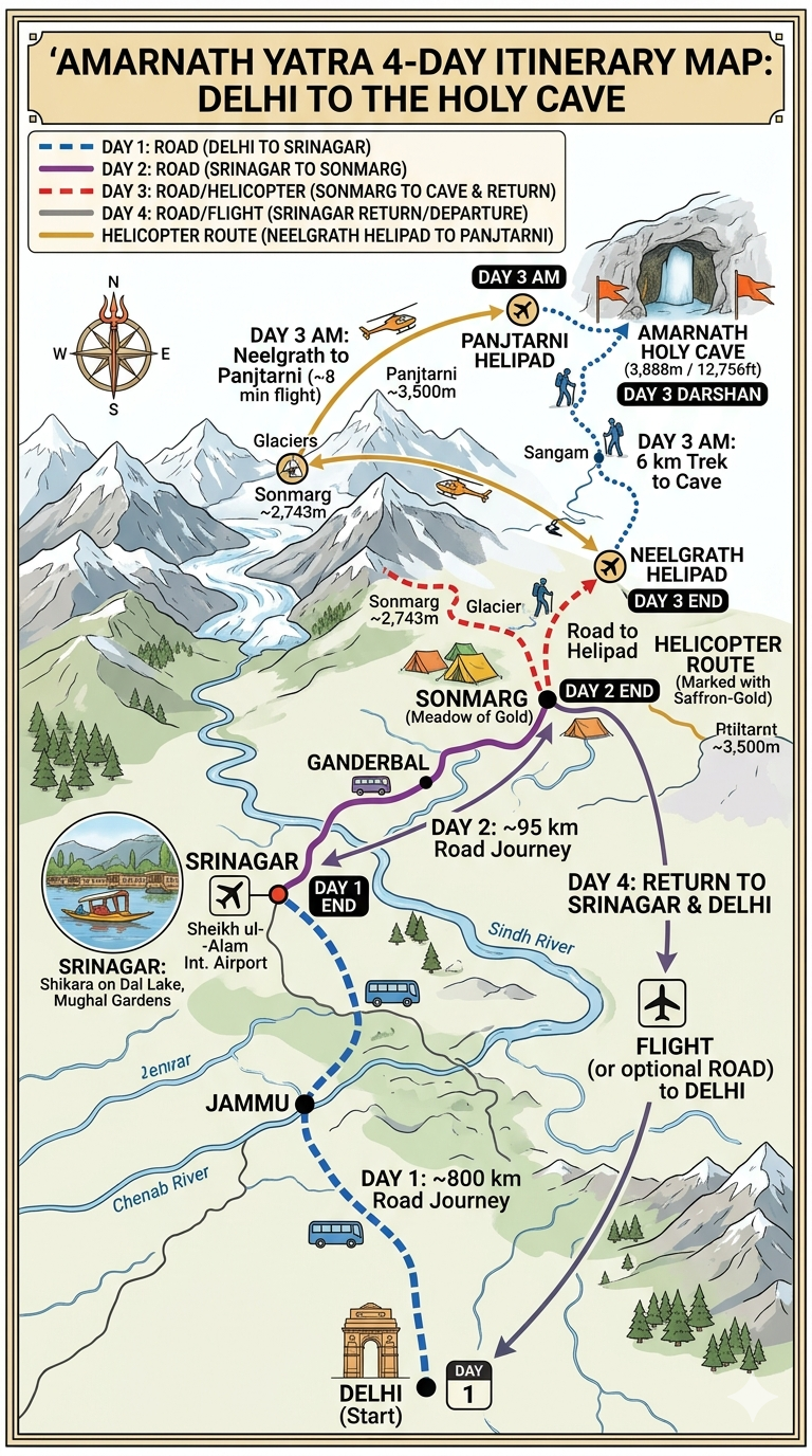 Amarnath Yatra Package from Delhi 2026 | 4 Days | ₹14,999 | Helicopter 10 Amarnath Yatra package from Delhi 2026 - 4-day itinerary map