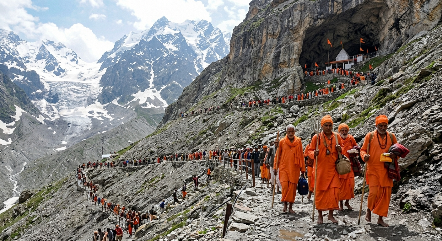 Amarnath Yatra Package from Delhi 2026 | 4 Days | ₹14,999 | Helicopter 8 Amarnath Yatra package from Delhi 2026 - devotees on pilgrimage route to Amarnath Cave with snow-capped peaks