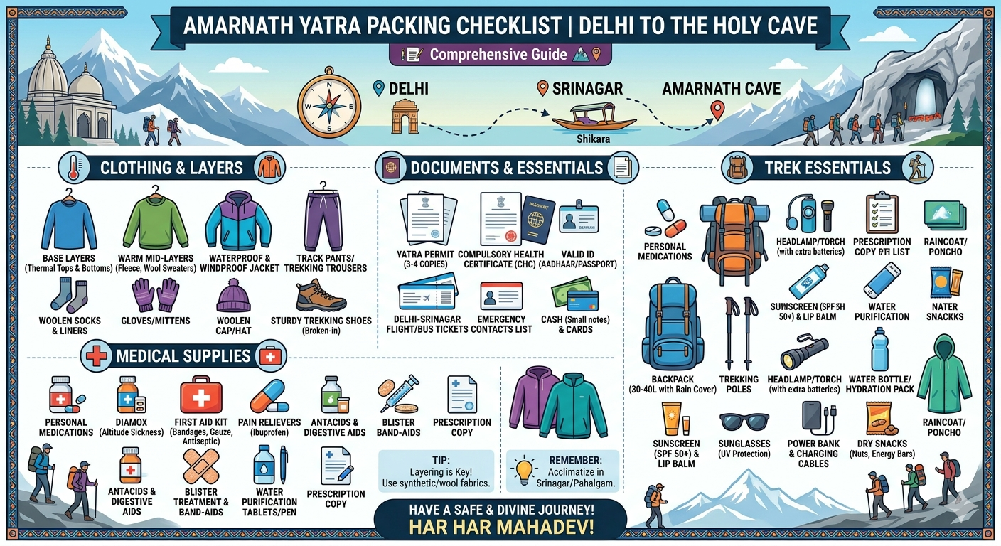 Amarnath Yatra Package from Delhi 2026 | 4 Days | ₹14,999 | Helicopter 12 Amarnath Yatra package from Delhi 2026 - packing list infographic