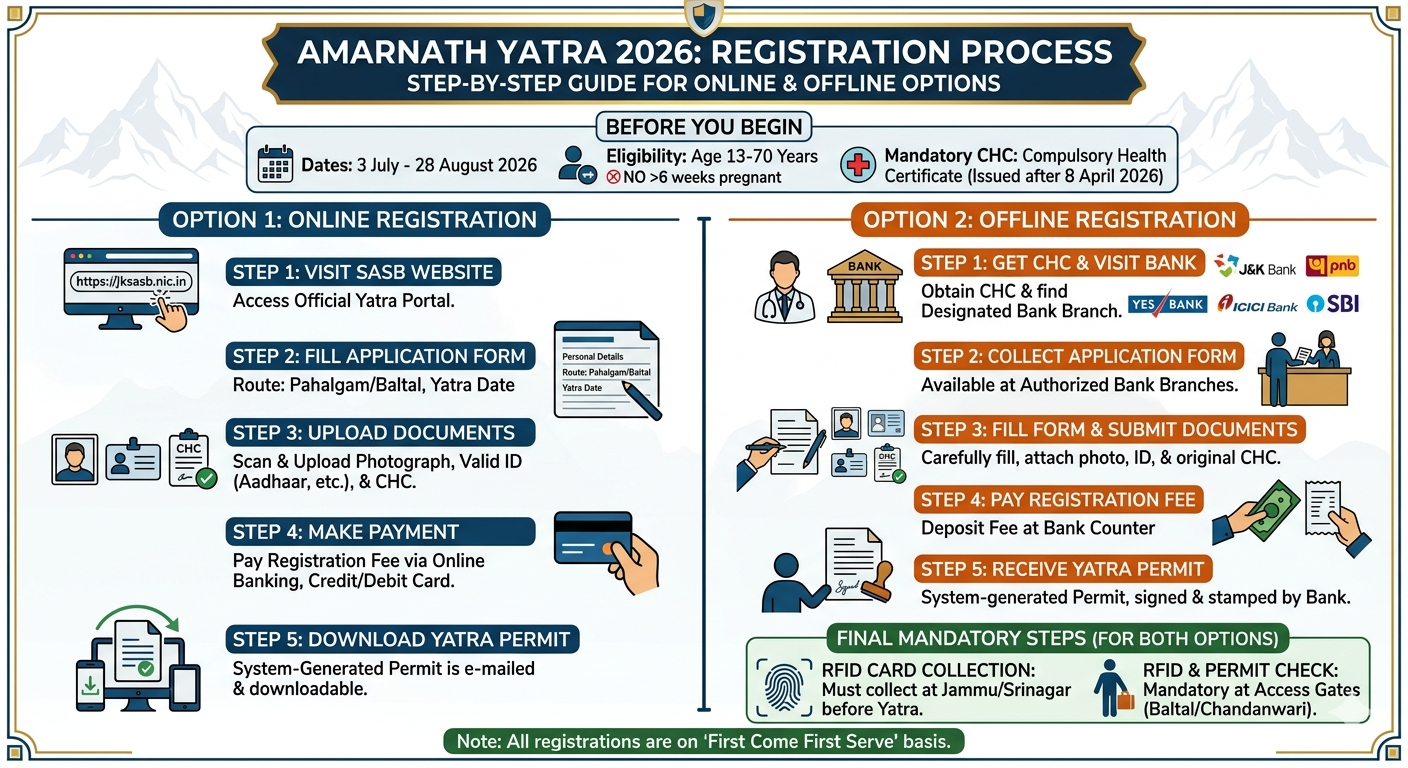 Amarnath Yatra Package from Delhi 2026 | 4 Days | ₹14,999 | Helicopter 11 Amarnath Yatra package from Delhi 2026 - registration process infographic