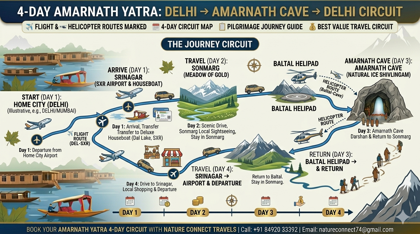 Amarnath Yatra package from Delhi with flights 2026 - 4-day itinerary map