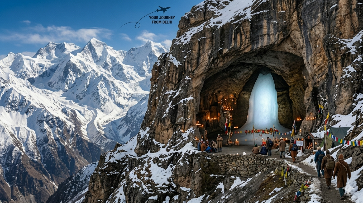 Amarnath Yatra package from Delhi with flights 2026 - sacred Ice Lingam with airplane silhouette