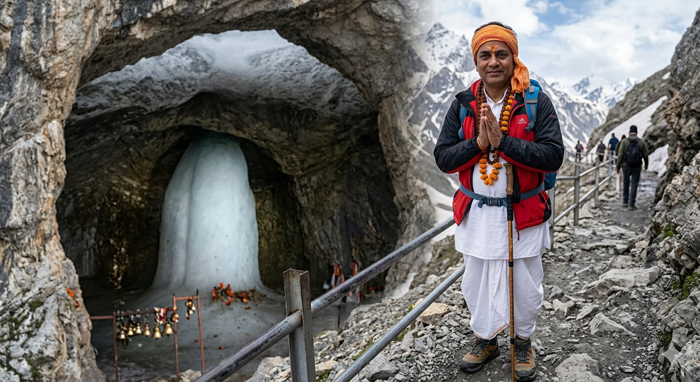  Amarnath Yatra package from Mumbai 2026 - devotee praying before holy Ice Lingam at Amarnath Cave