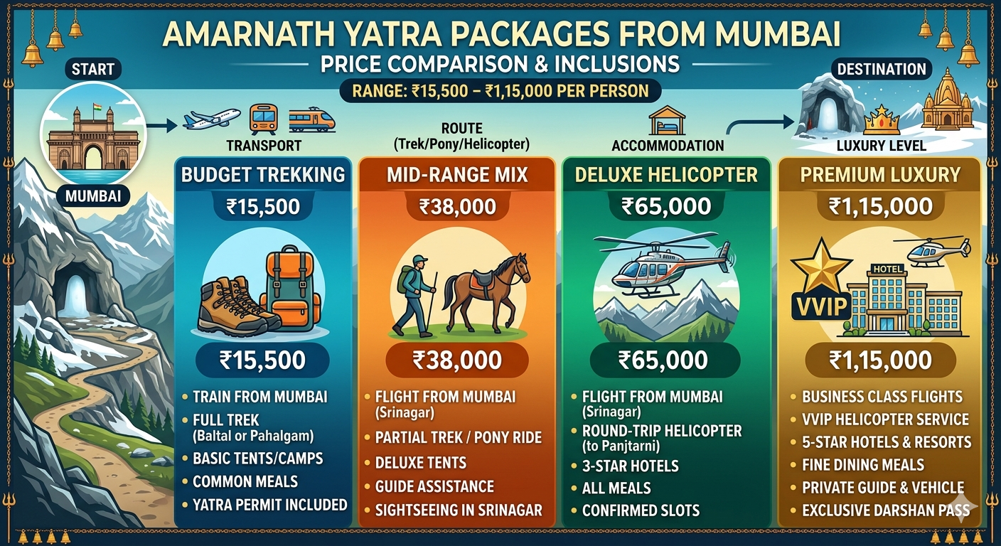 Amarnath Yatra package from Mumbai 2026 price comparison chart - helicopter trekking and deluxe options
