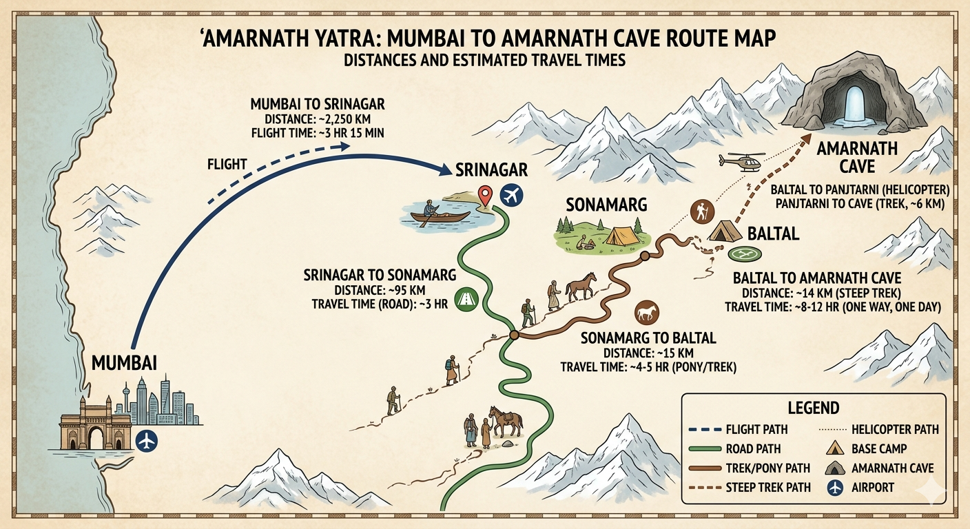Amarnath Yatra package from Mumbai 2026 - route map showing Mumbai to Srinagar flight and onward journey to Amarnath Cave