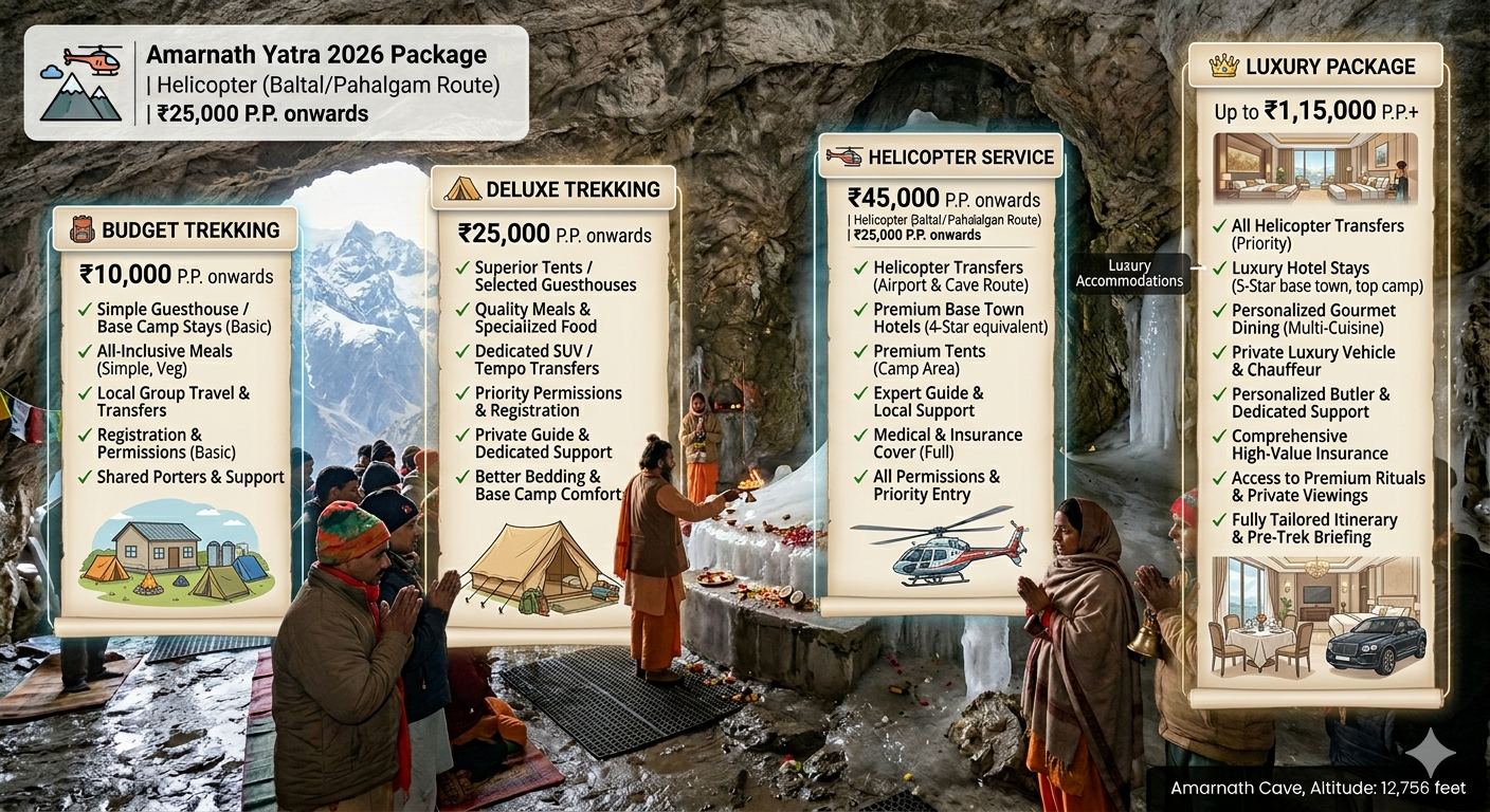 Amarnath Yatra package price 2026 comparison chart - budget trekking deluxe helicopter and luxury 4-star options