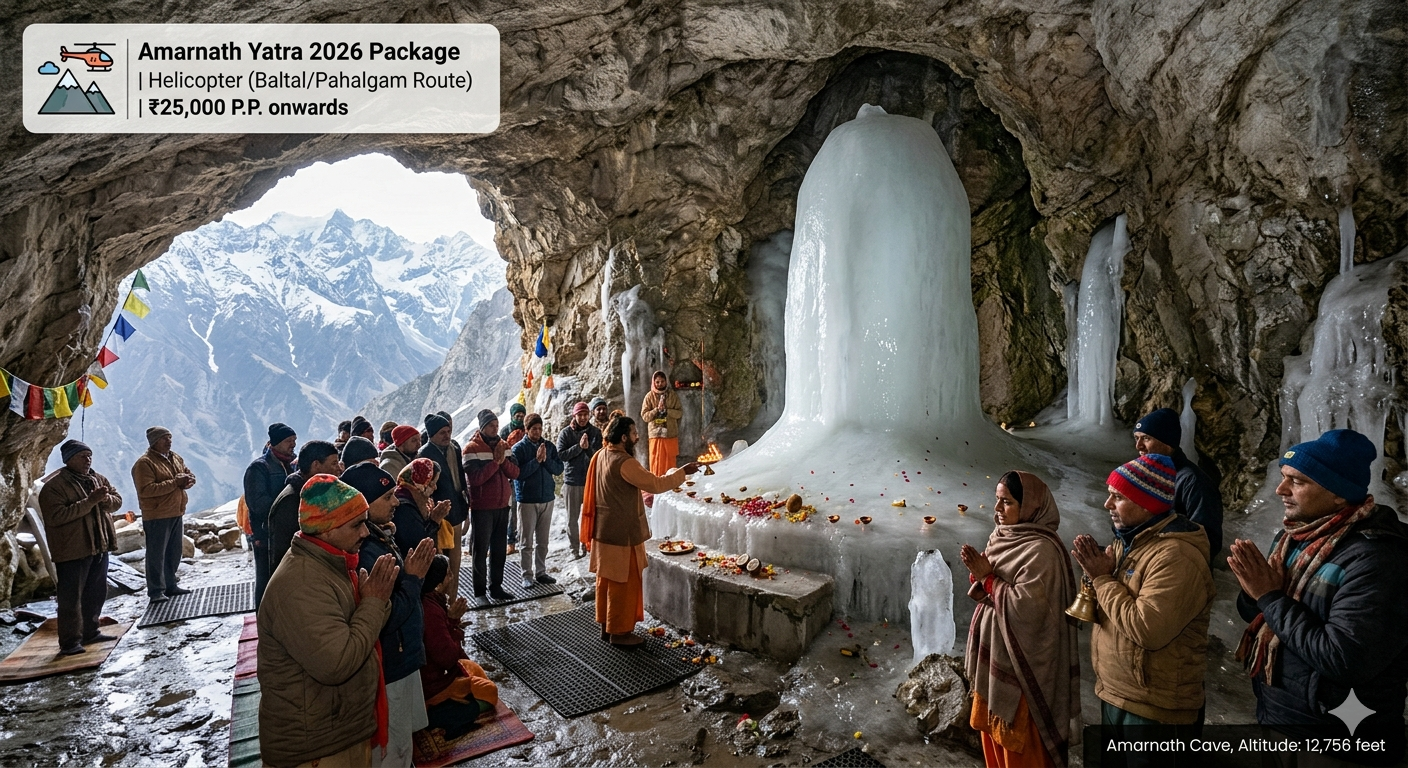Amarnath Yatra package price 2026 - holy Amarnath Cave with Ice Lingam formation and devotees praying at 12,756 feet altitude