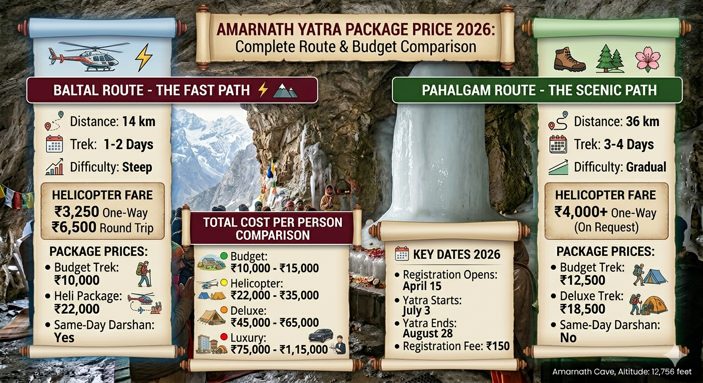 Amarnath Yatra package price 2026 infographic comparing Baltal route (14km, helicopter ₹3,250) vs Pahalgam route (36km) with total cost per person from ₹10,000 to ₹1,15,000