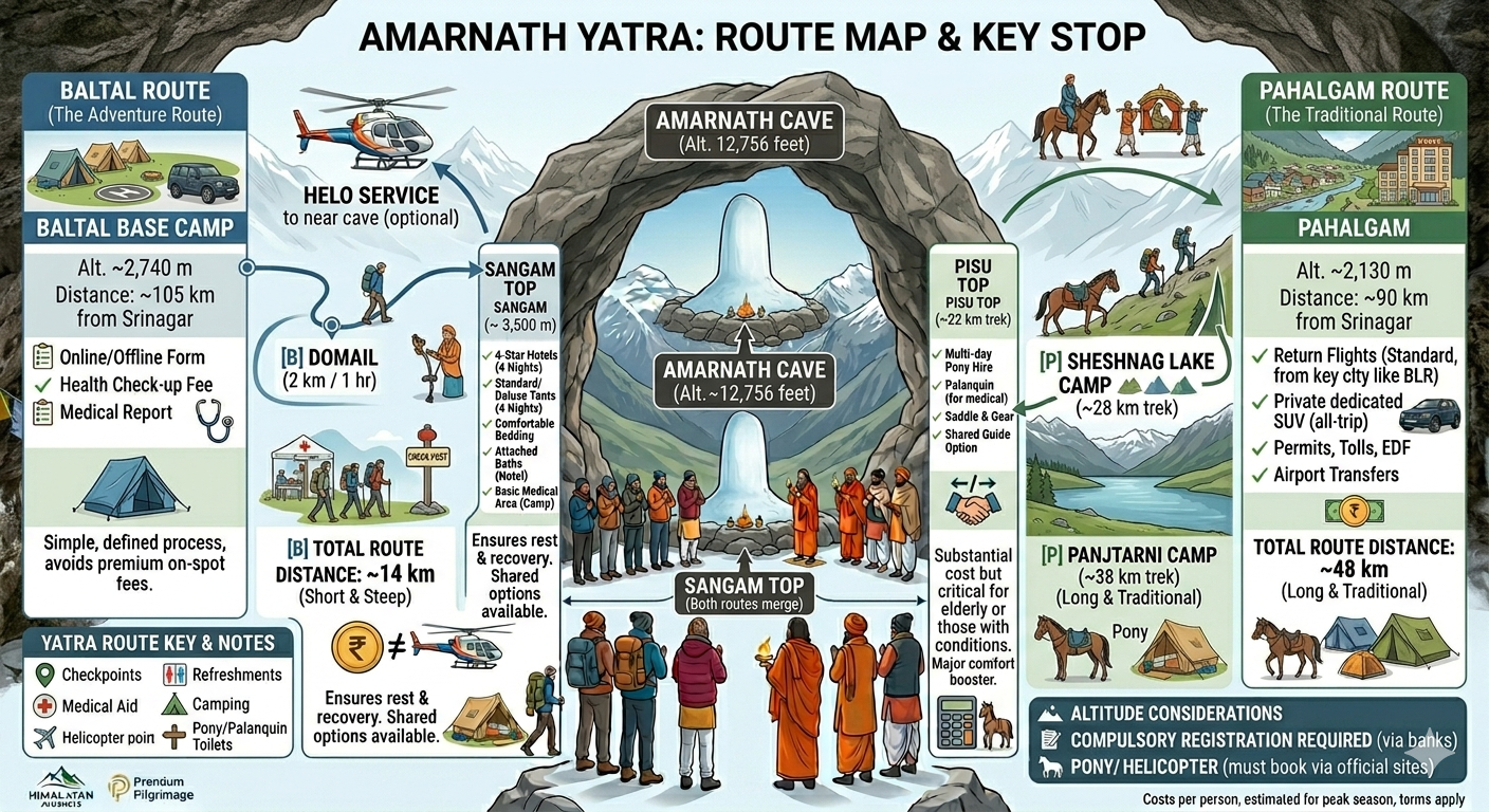 Amarnath Yatra package price 2026 - route map showing Baltal 14km route and Pahalgam 36km route to Amarnath Cave