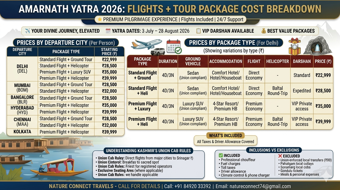 Amarnath Yatra package with flights 2026 - complete pricing infographic