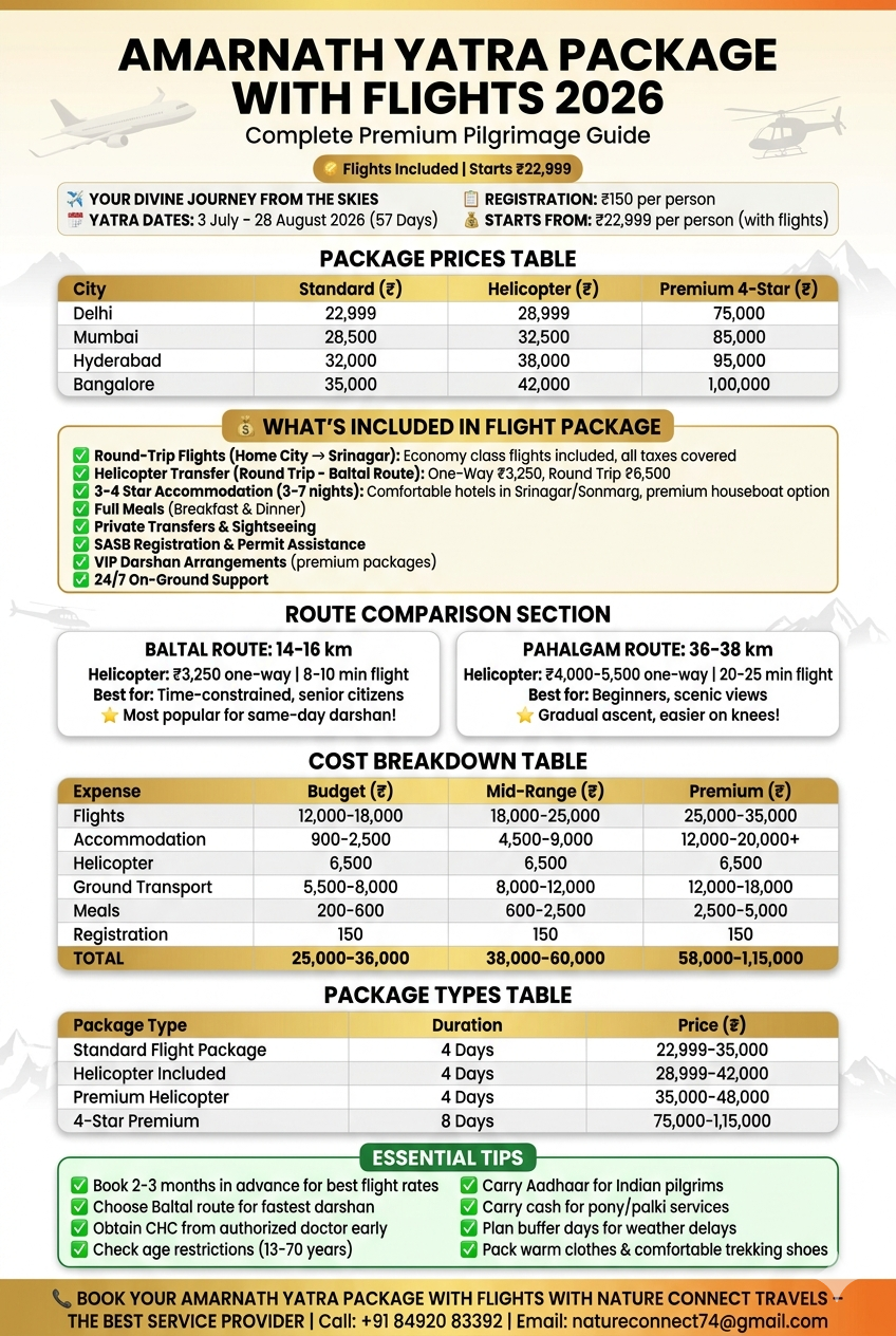 Amarnath Yatra package with flights 2026 infographic - city-wise prices Delhi 22999-75000 Mumbai 28500-85000 Hyderabad 32000-95000 Bangalore 35000-100000, route comparison Baltal vs Pahalgam, cost breakdown 25000-115000 rupees, package types with flights
