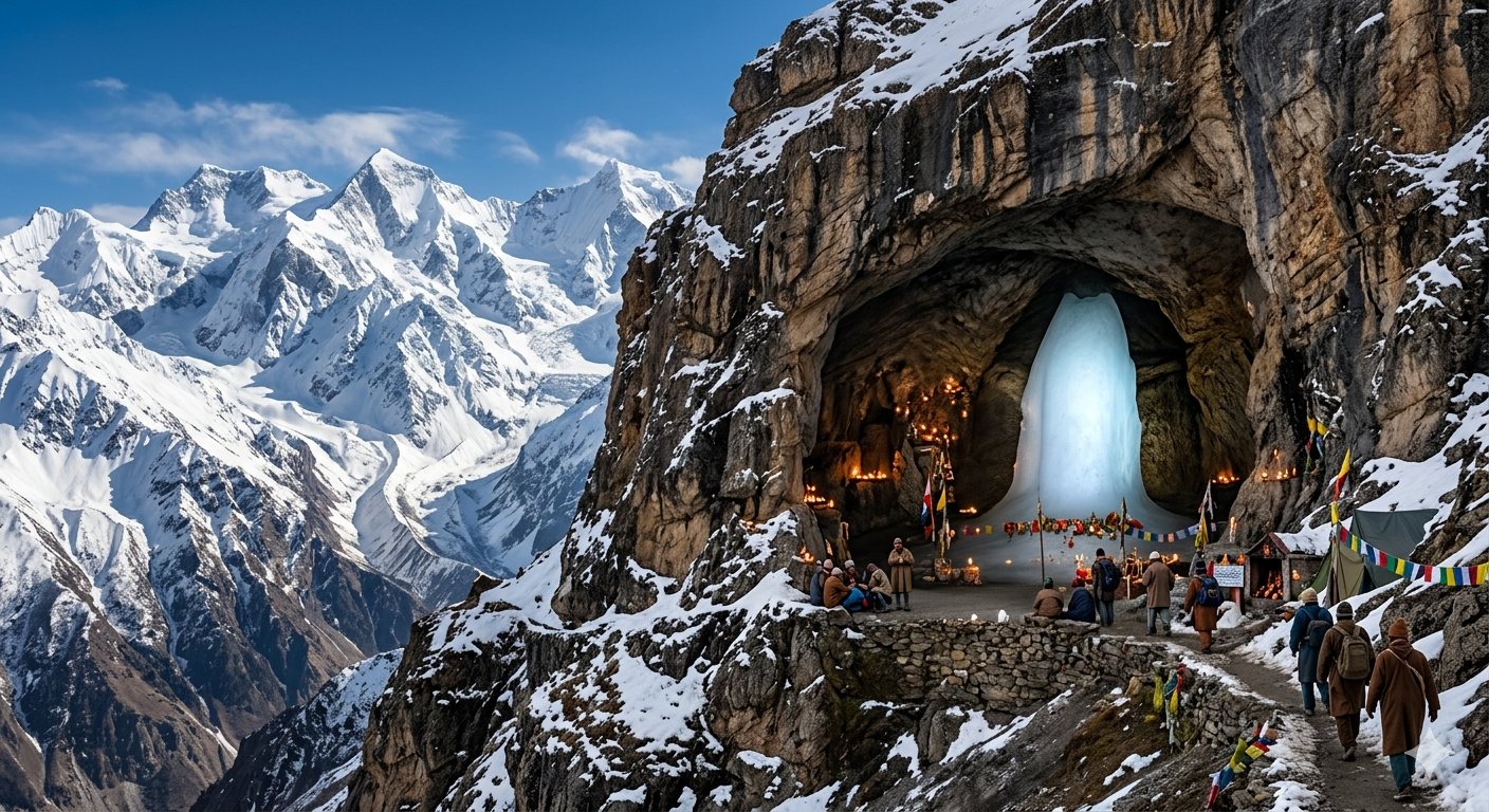 Amarnath Yatra package with flights 2026 - sacred Ice Lingam inside Amarnath Cave with Himalayan backdrop