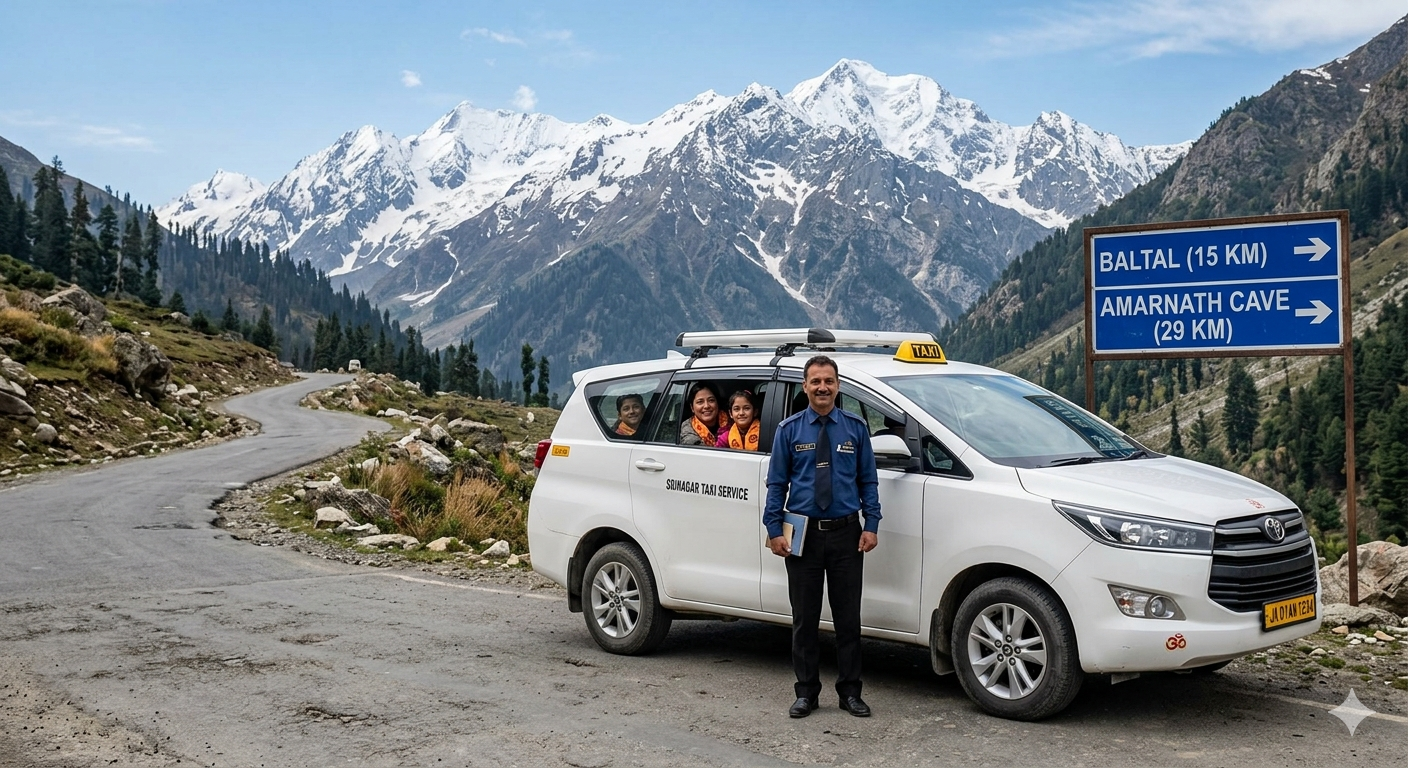 Amarnath Yatra taxi booking 2026 - comfortable SUV taxi for pilgrims on Himalayan road with professional driver