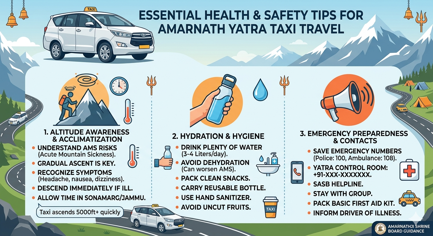 Amarnath Yatra taxi booking 2026 - health and safety tips for pilgrims including altitude sickness prevention and emergency contacts