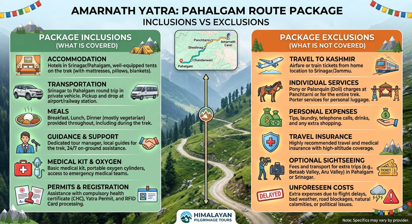  An inclusions vs exclusions infographic for Pahalgam route Amarnath Yatra package