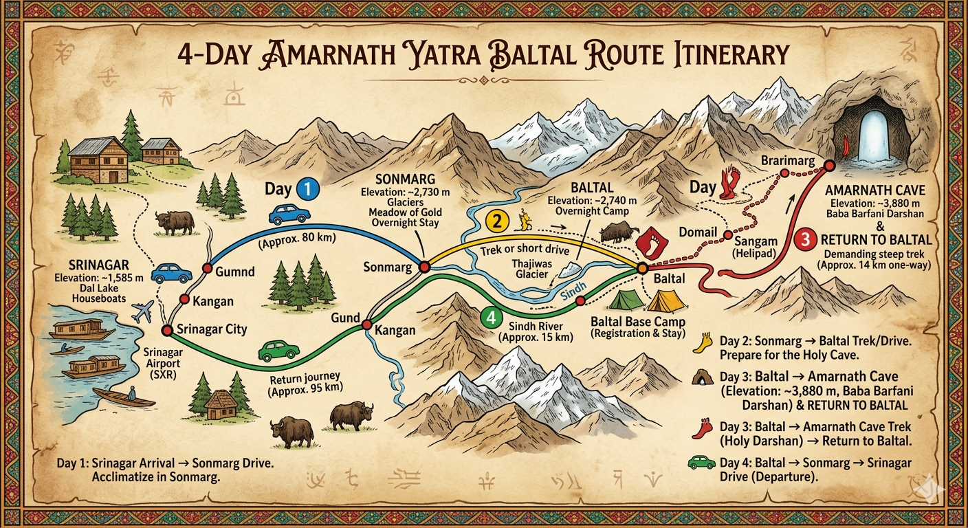 Baltal route Amarnath Yatra package 2026 - 4-day itinerary map