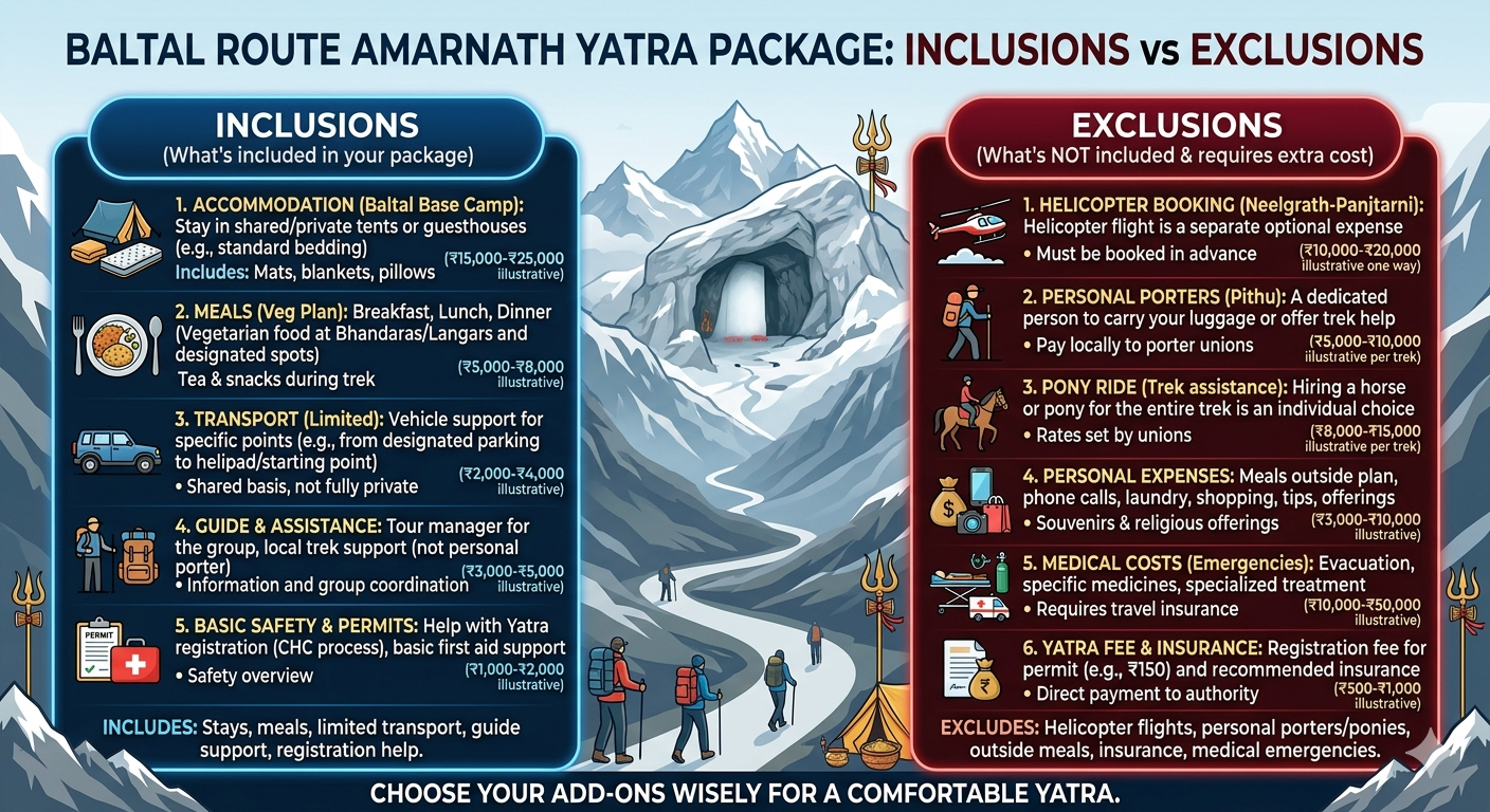 Baltal route Amarnath Yatra package 2026 - inclusions and exclusions infographic