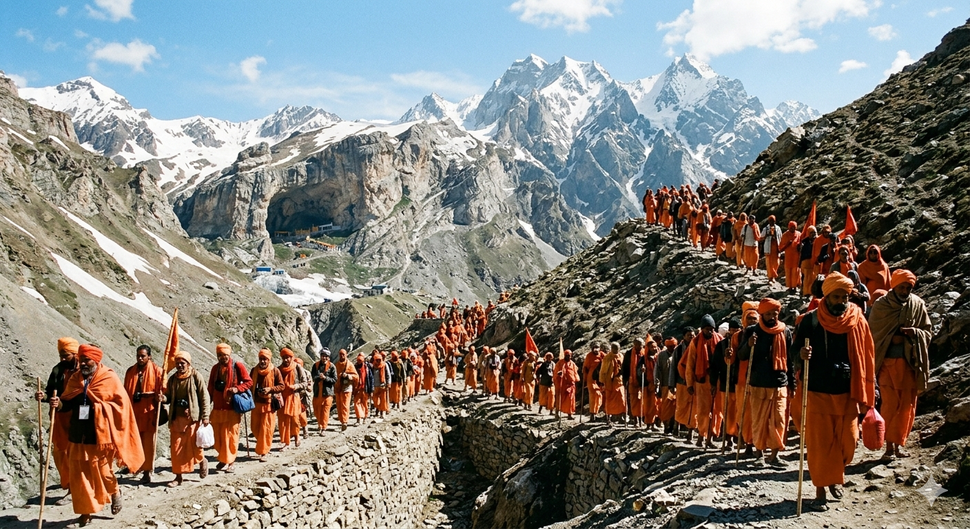 Baltal route Amarnath Yatra package 2026 - pilgrims trekking on steep route with Himalayan peaks