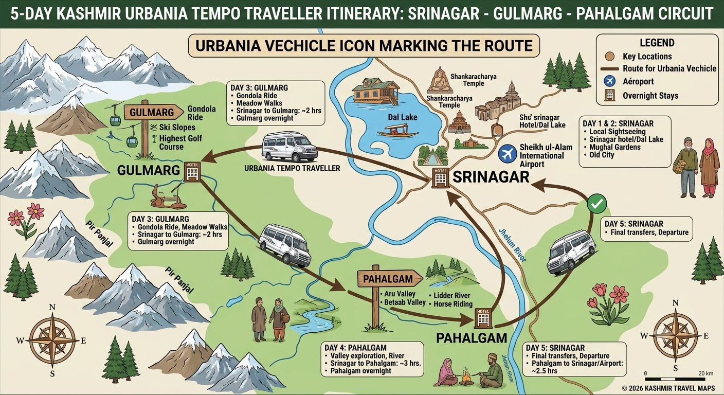 Best Urbania Tempo Traveller Service Srinagar 2026 | ₹8,500/Day 10 Best Urbania tempo traveller service Srinagar 2026 - 5 day group tour itinerary map showing Srinagar Gulmarg Pahalgam circuit