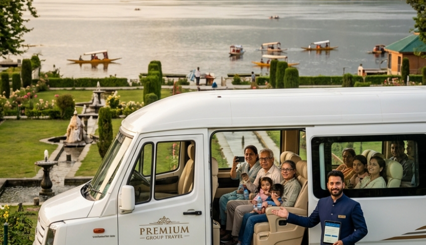 Best Urbania tempo traveller service Srinagar 2026 - happy multi-generational group in premium Tata Urbania Luxury at Nishat Garden overlooking Dal Lake with professional chauffeur
