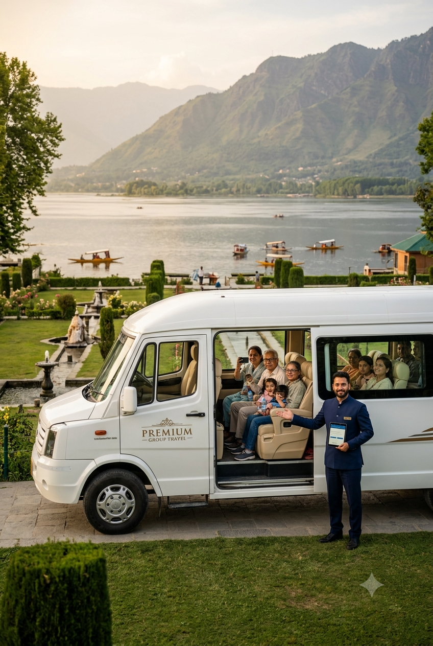 Best Urbania tempo traveller service Srinagar 2026 - happy multi-generational group in premium Tata Urbania Luxury at Nishat Garden overlooking Dal Lake with professional chauffeur
