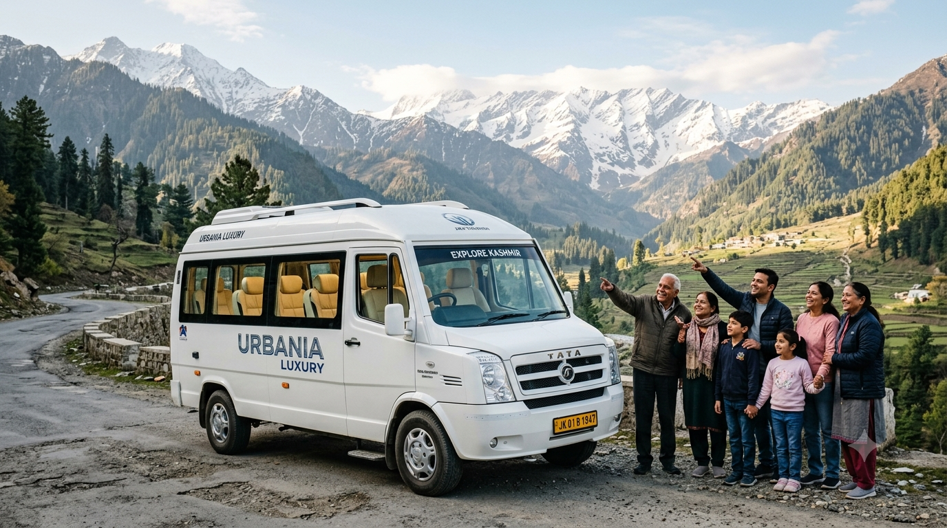 Best Urbania Tempo Traveller Service Srinagar 2026 | ₹8,500/Day 7 Best Urbania tempo traveller service Srinagar 2026 - white Tata Urbania Luxury with happy group on Kashmir mountain road