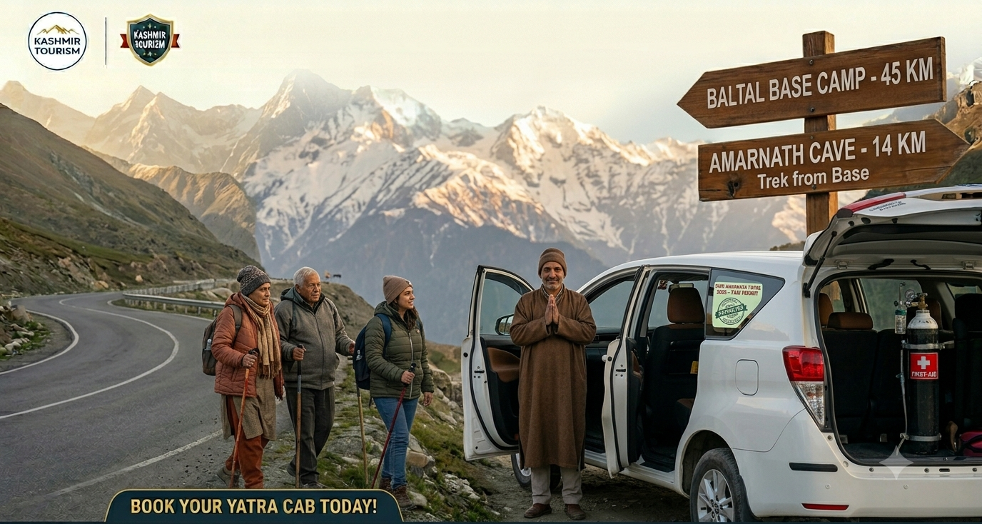 Best Cab Service for Amarnath Yatra 2026 | ₹3,800 | Book Online 7 Best cab service for Amarnath Yatra 2026 - professional driver with SUV taxi on Himalayan road welcoming pilgrims