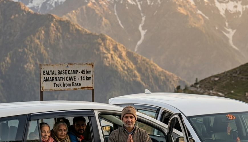 Best cab service for Amarnath Yatra 2026 - white Toyota Innova SUV on Himalayan road with oxygen cylinder and professional driver greeting pilgrims