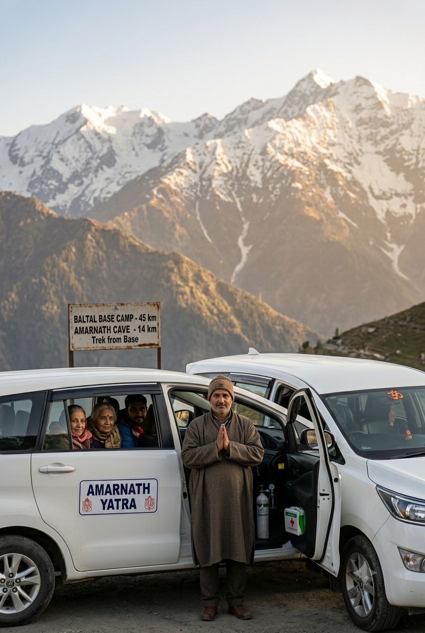 Best cab service for Amarnath Yatra 2026 - white Toyota Innova SUV on Himalayan road with oxygen cylinder and professional driver greeting pilgrims
