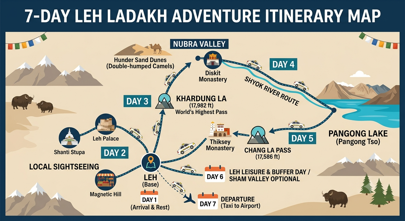 Best Cab Service in Leh Ladakh 2026 | Top-Rated Drivers | ₹3,000/Day 10 Best cab service in Leh Ladakh 2026 - 7 day itinerary map showing Leh to Nubra to Pangong circuit