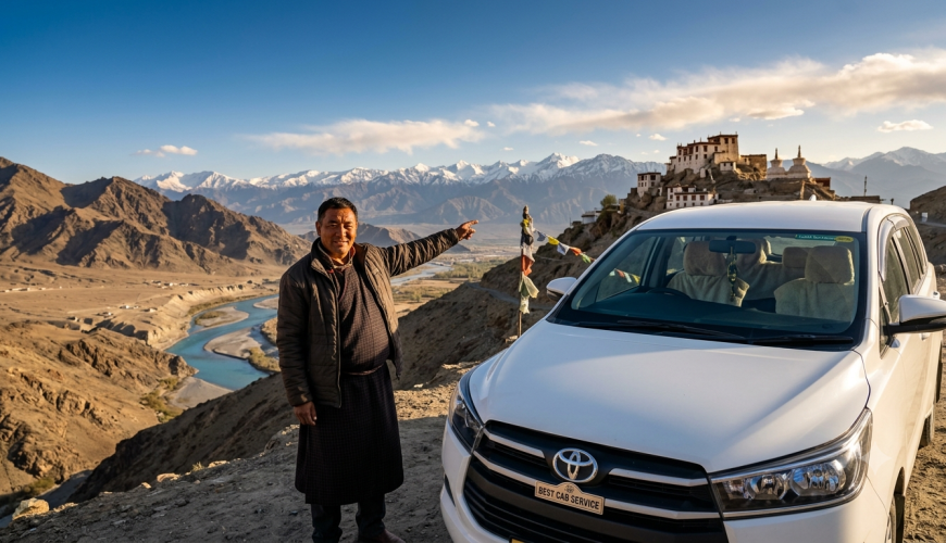 Best cab service in Leh Ladakh 2026 - professional Ladakhi driver with white Toyota Innova SUV at viewpoint overlooking Indus River valley with snow-capped Himalayan mountains