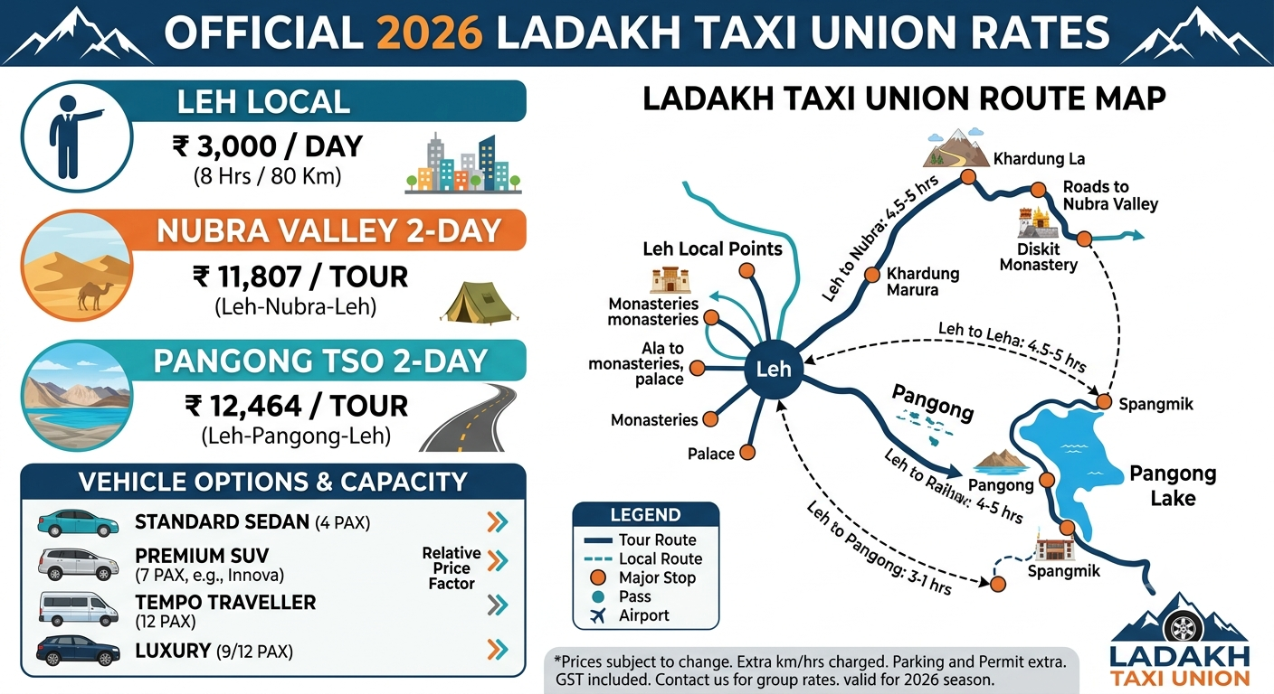 Best Cab Service in Leh Ladakh 2026 | Top-Rated Drivers | ₹3,000/Day 9 Best cab service in Leh Ladakh 2026 - official Ladakh Taxi Union rates for local sightseeing Nubra Valley and Pangong Tso