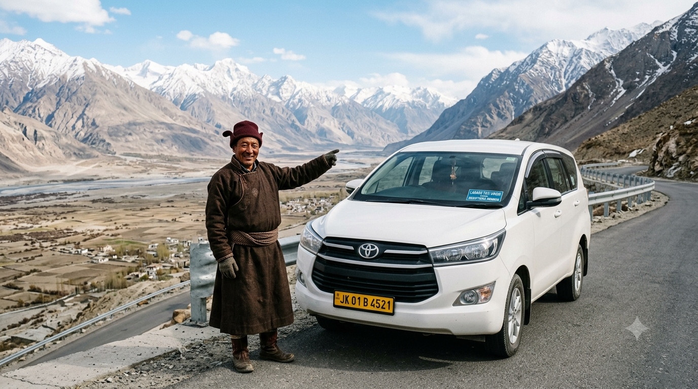 Best Cab Service in Leh Ladakh 2026 | Top-Rated Drivers | ₹3,000/Day 7 Best cab service in Leh Ladakh 2026 - professional Ladakhi driver with clean white Innova SUV on scenic mountain road