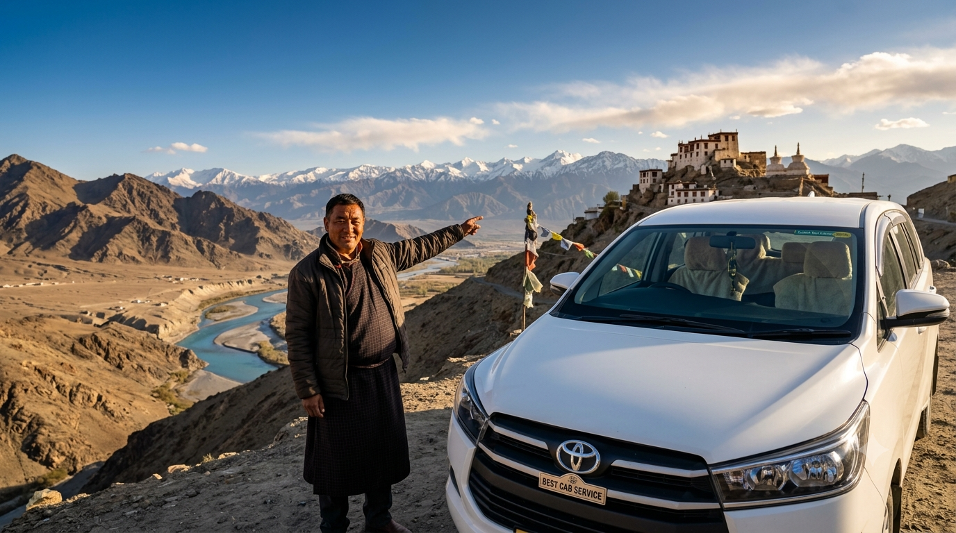 Best cab service in Leh Ladakh 2026 - professional Ladakhi driver with white Toyota Innova SUV at viewpoint overlooking Indus River valley with snow-capped Himalayan mountains