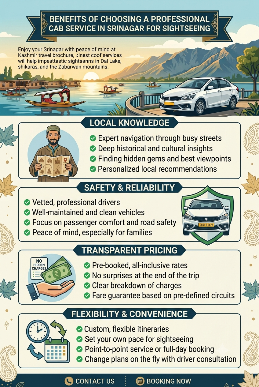 Best cab service in Srinagar for sightseeing 2026 - benefits infographic