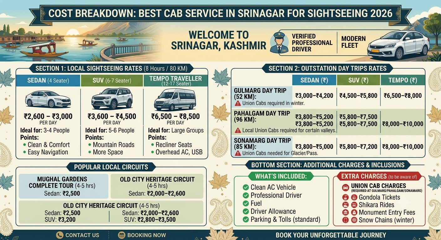 Best cab service in Srinagar for sightseeing 2026 - complete rate card infographic