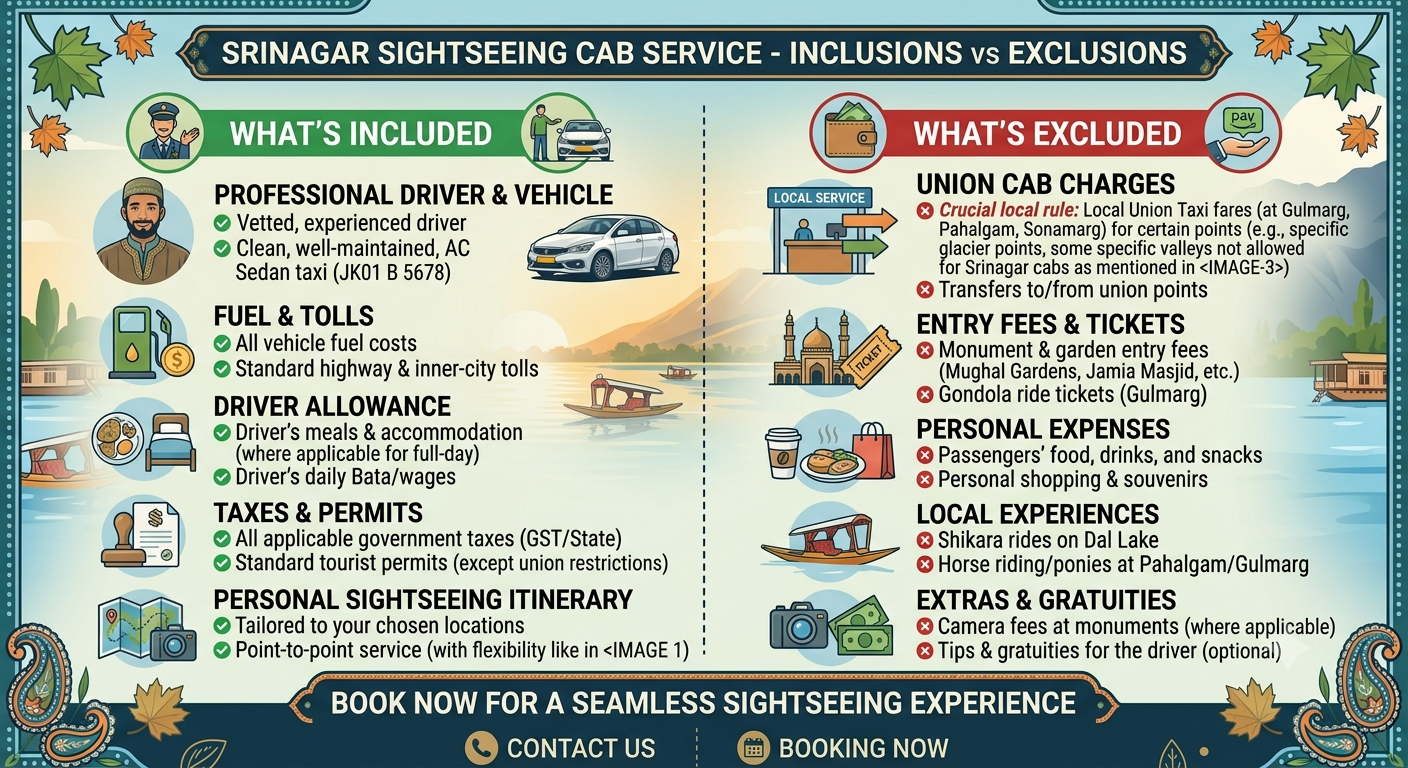 Best cab service in Srinagar for sightseeing 2026 - inclusions and exclusions infographic