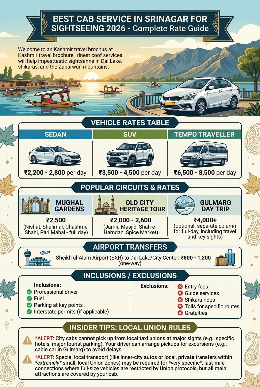 Best cab service in Srinagar for sightseeing 2026 infographic - sedan, SUV, and tempo traveller rates for city tours