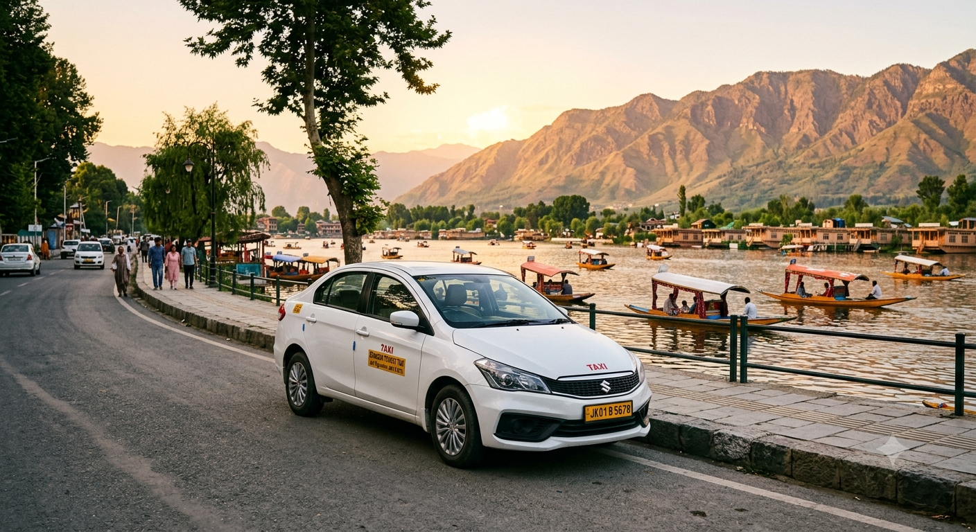 Best cab service in Srinagar for sightseeing 2026 - sedan taxi on Boulevard Road with Dal Lake