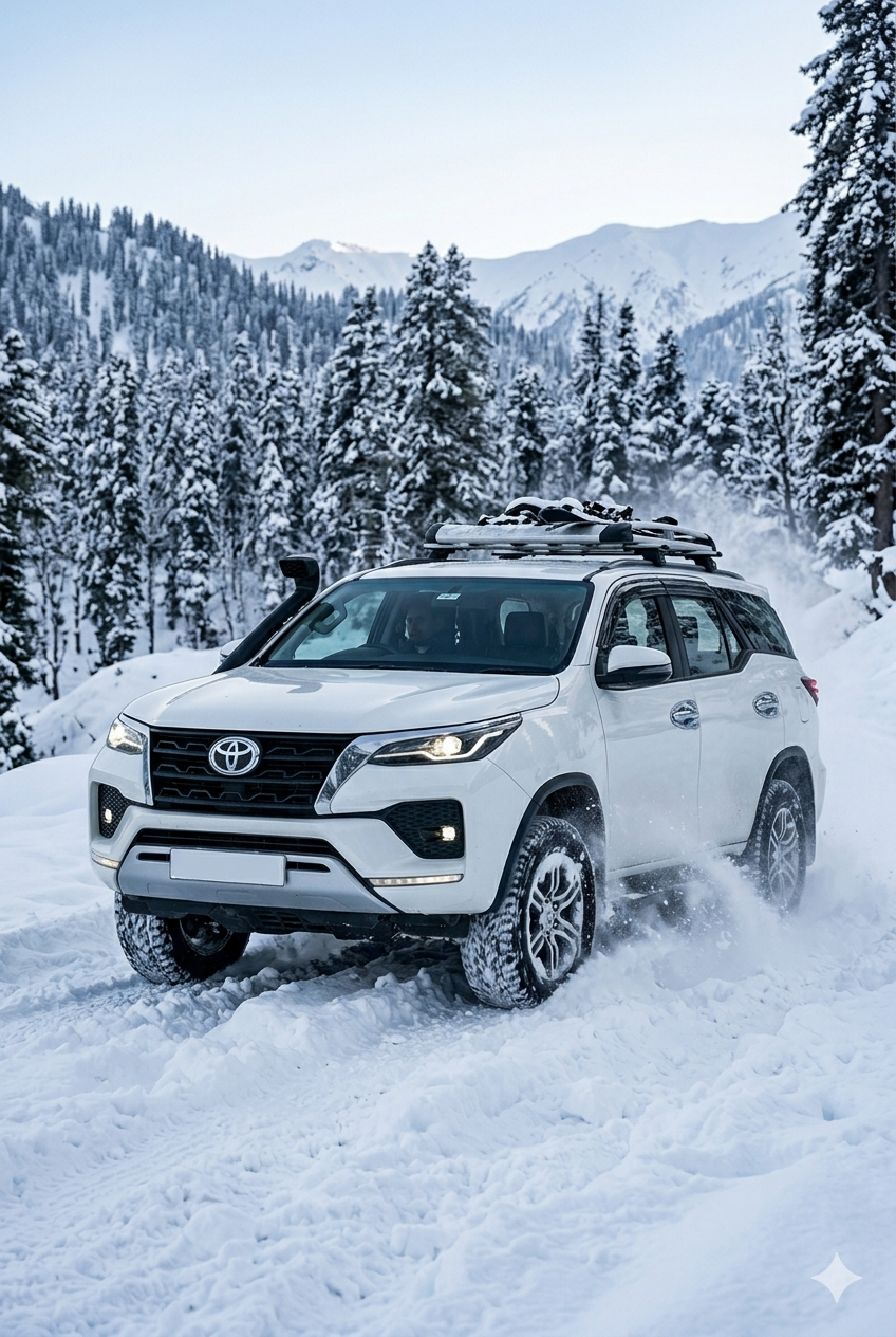 Best luxury SUV rental Kashmir 2026 - Toyota Fortuner on snow-covered Gulmarg road