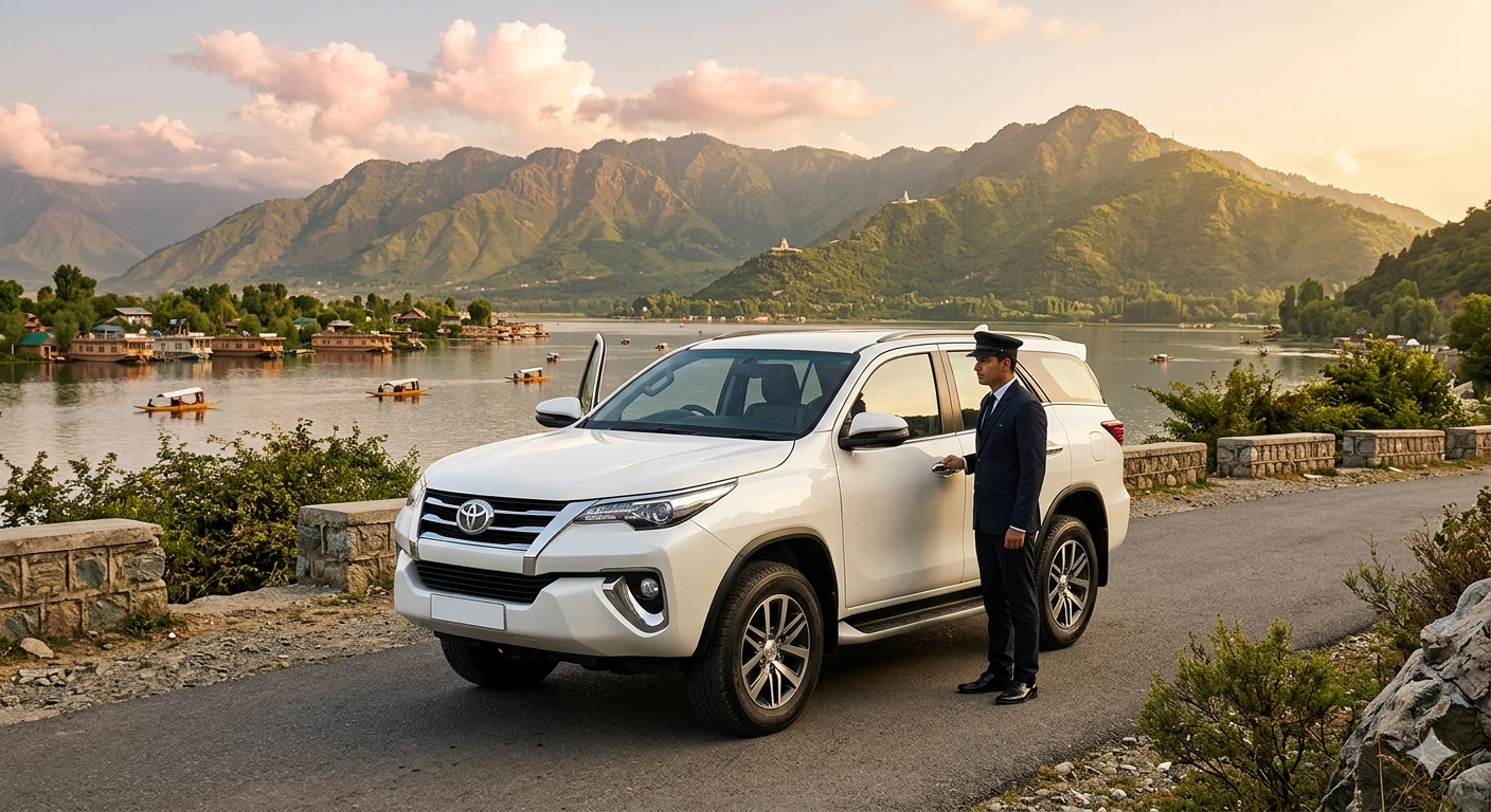 Best luxury SUV rental Kashmir 2026 - Toyota Fortuner with Dal Lake and Zabarwan mountains