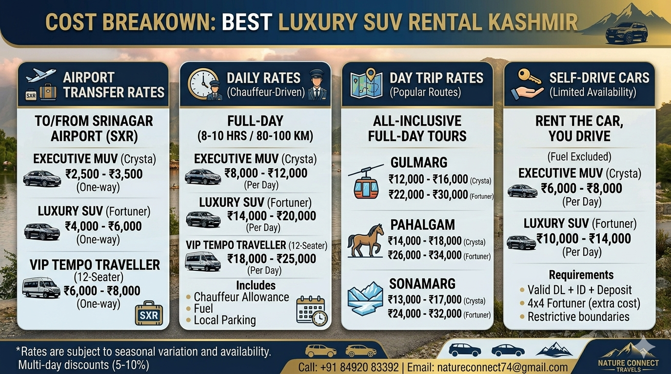 Best luxury SUV rental Kashmir 2026 - complete pricing infographic