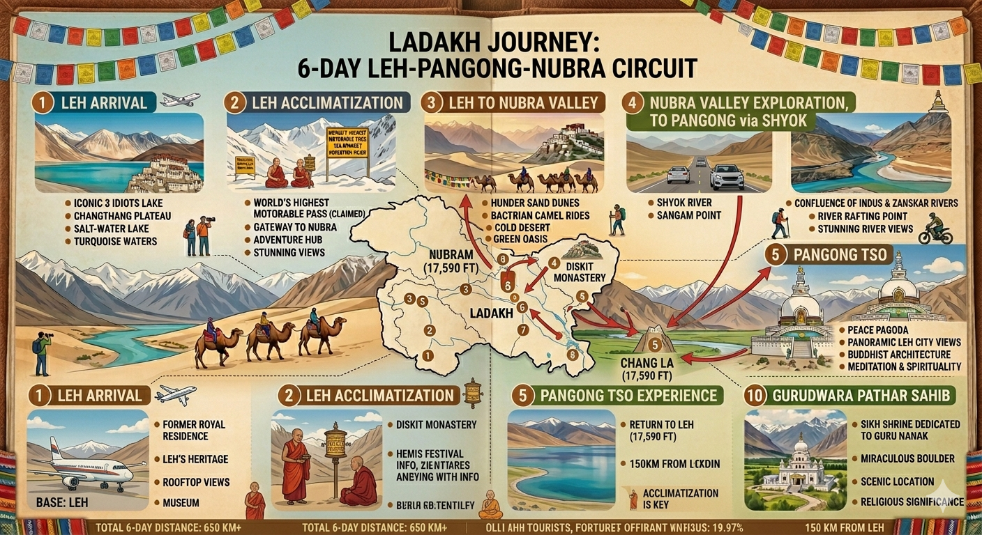 Best places to visit in Leh Ladakh 2026 - 6 day itinerary map