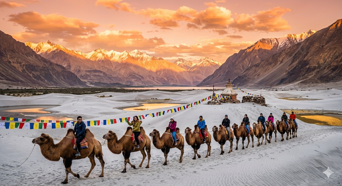 Best places to visit in Leh Ladakh 2026 - Nubra Valley Hunder Sand Dunes with double-humped camels
