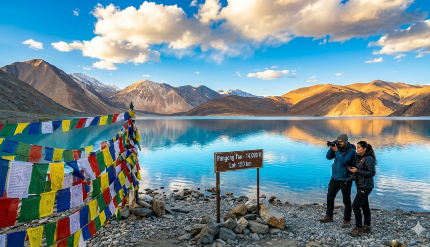 Best places to visit in Leh Ladakh 2026 - Pangong Tso lake with snow-capped Himalayan mountains and travelers capturing the moment