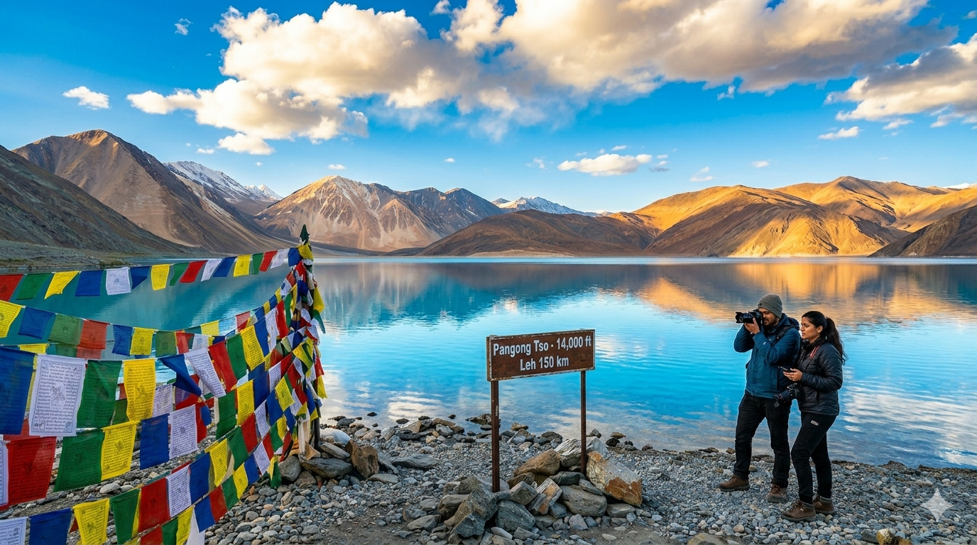 Best places to visit in Leh Ladakh 2026 - Pangong Tso lake with snow-capped Himalayan mountains and travelers capturing the moment
