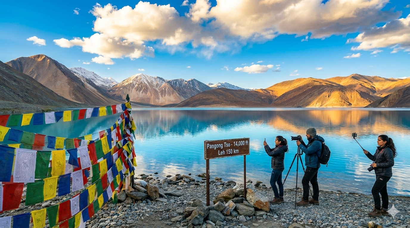 Best places to visit in Leh Ladakh 2026 - Pangong Tso lake with snow-capped Himalayan mountains