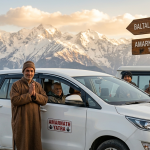 Best taxi service for Amarnath Yatra from Srinagar 2026 - white Toyota Innova SUV on Himalayan road with oxygen cylinder for safety and professional driver greeting pilgrims