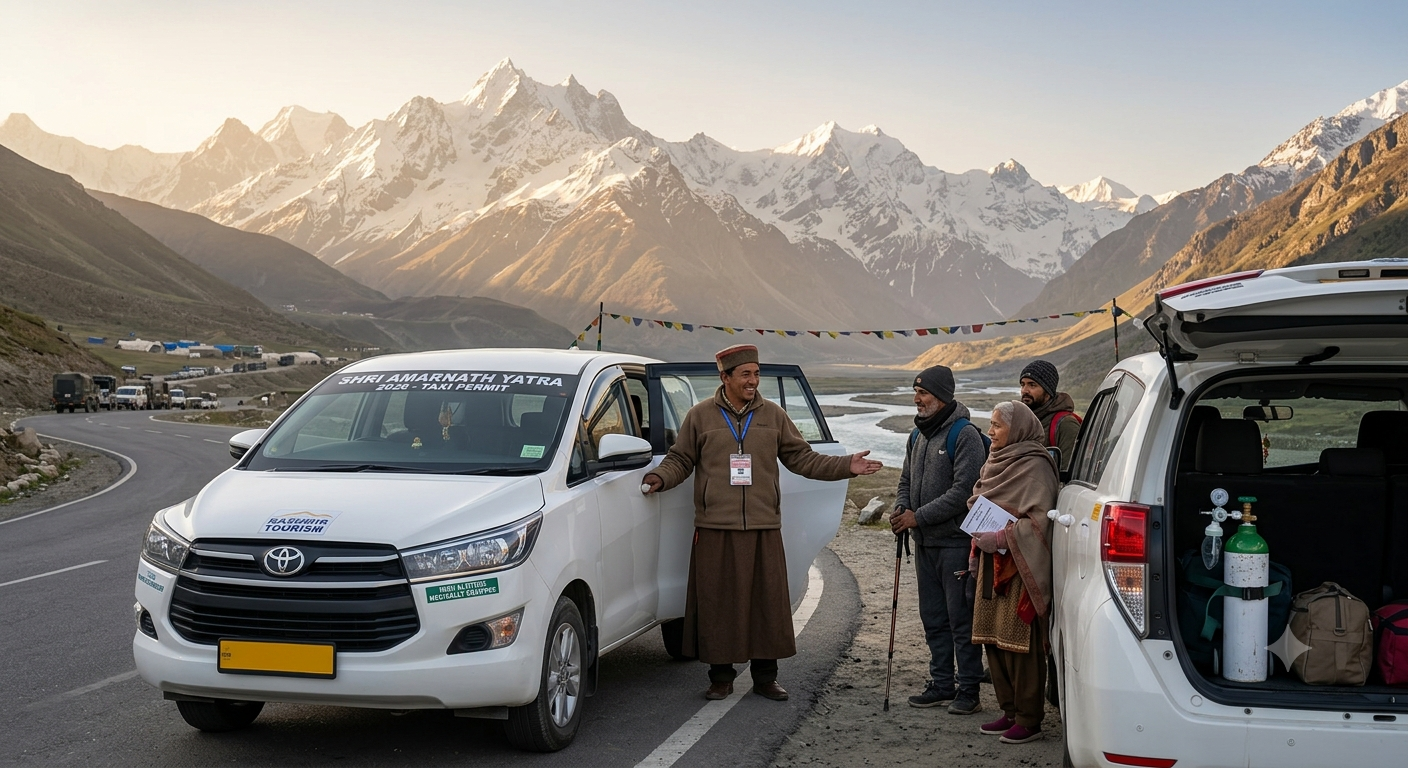 Best Taxi Service for Amarnath Yatra from Srinagar 2026 | ₹3,800 9 Best taxi service for Amarnath Yatra from Srinagar 2026 - professional driver with SUV taxi on Himalayan road welcoming pilgrims